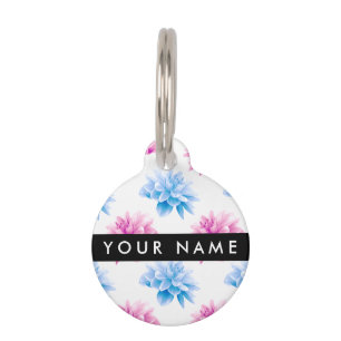 Pink and Blue Dahlia, Floral Pattern, Your Name Pet ID Tag