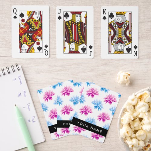 Pink and Blue Dahlia Floral Pattern Your Name Pinochle Cards