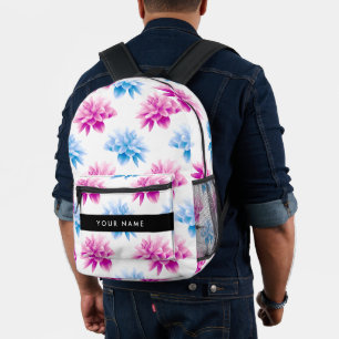Pink and Blue Dahlia, Floral Pattern, Your Name Printed Backpack
