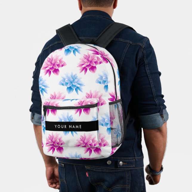 Pink and Blue Dahlia, Floral Pattern, Your Name Printed Backpack (Insitu (Model))