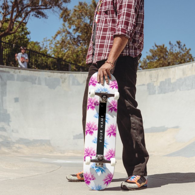 Pink and Blue Dahlia, Floral Pattern, Your Name Skateboard (Outdoor 2)