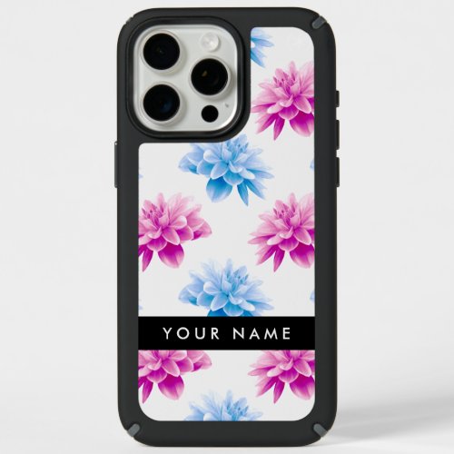 Pink and Blue Dahlia Floral Pattern Your Name iPhone 15 Pro Max Case