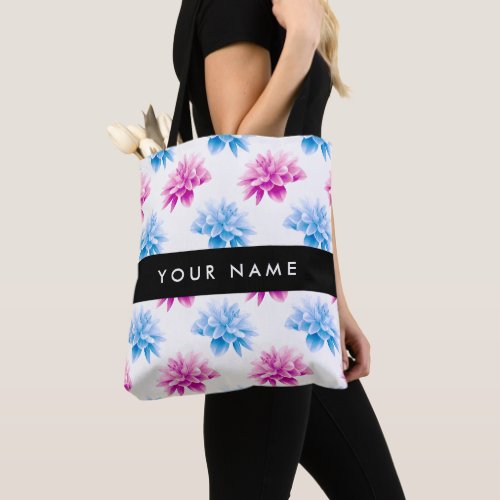 Pink and Blue Dahlia Floral Pattern Your Name Tote Bag