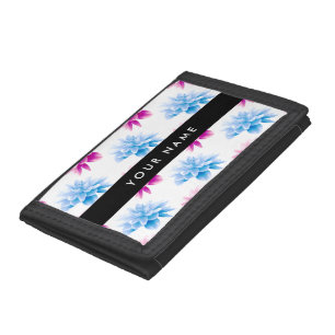 Pink and Blue Dahlia, Floral Pattern, Your Name Trifold Wallet