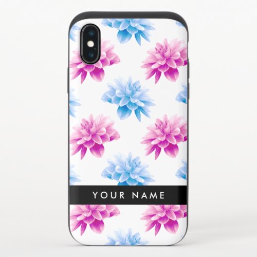 Pink and Blue Dahlia Floral Pattern Your Name iPhone XS Slider Case