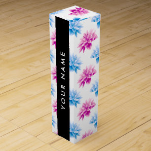 Pink and Blue Dahlia, Floral Pattern, Your Name Wine Box