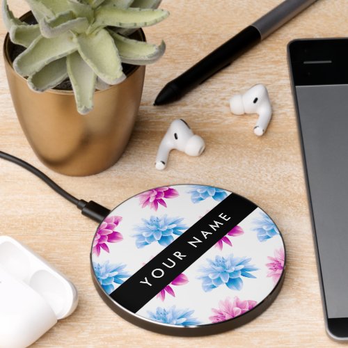 Pink and Blue Dahlia Floral Pattern Your Name Wireless Charger