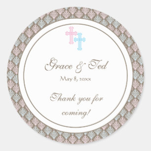 Pink and Blue Damask Cross Favor Sticker