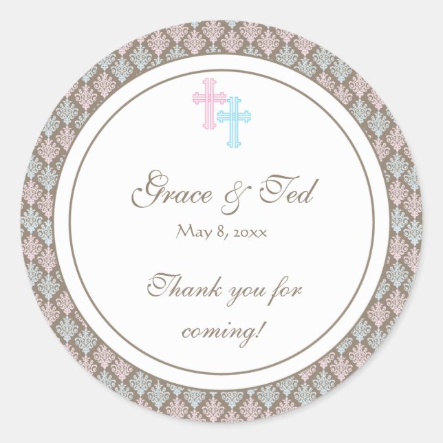 Pink and Blue Damask Cross Favor Sticker (Front)