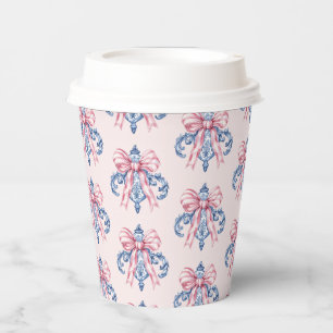 Pink and Blue Damask Ornament with Pink Bow Paper Cups
