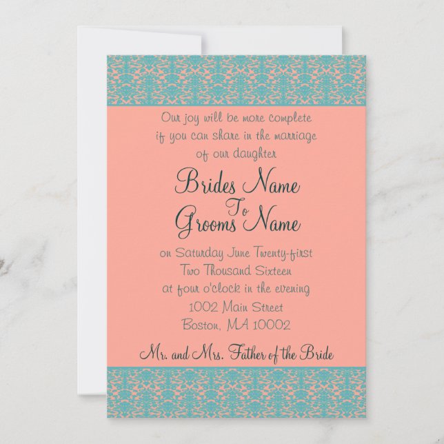 Pink and Blue Damask Wedding or Party Invitations (Front)