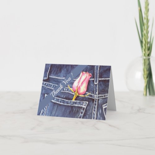 Pink and Blue Denim Watercolor Floral Thank You Card