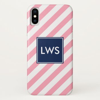 Pink And Blue Diagonal Stripes Monogram Iphone Xs Case by heartlockedcases at Zazzle