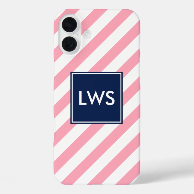 Pink and Blue Diagonal Stripes Monogram Case-Mate iPhone Case (Back)