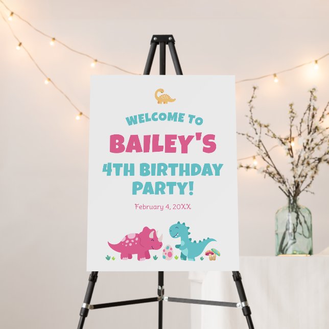Pink and Blue Dinosaur Birthday Party Welcome Foam Board (In Situ (Stand))
