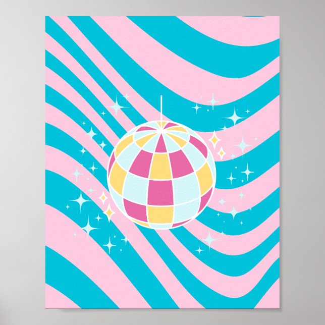 Pink and Blue Disco Ball, Party Art, Preppy, 80s Poster (Front)