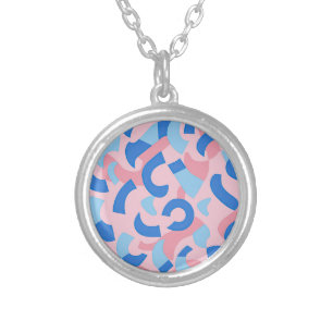 Pink and Blue Doodle Pattern Silver Plated Necklace