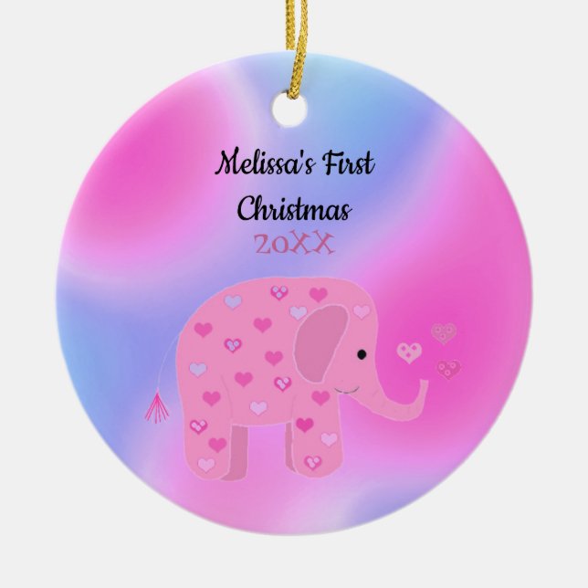 Pink and  Blue Elephant Baby First Christmas Ceramic Ornament (Front)