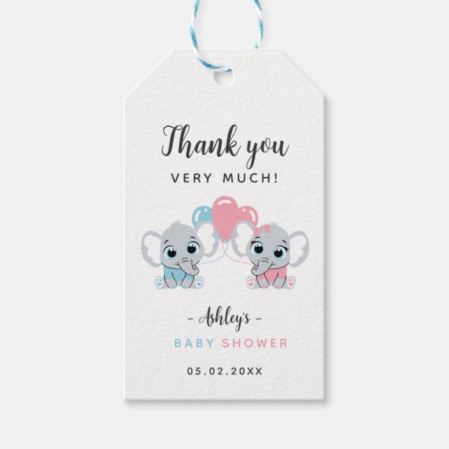 Pink and Blue Elephant Baby Shower Gift Tag (Front)