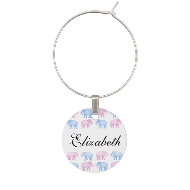 Pink and Blue Elephant Baby Shower Wine Glass Charm (Front)