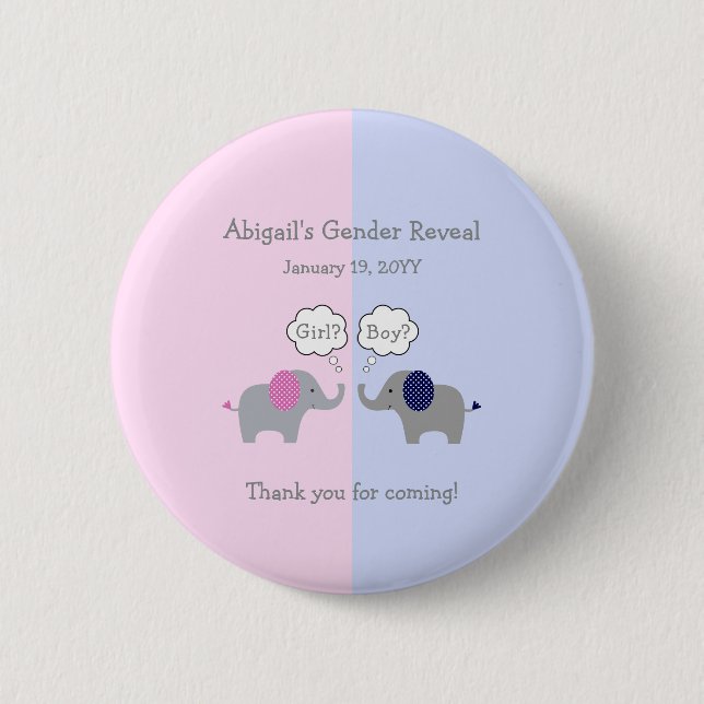 Pink and Blue Elephant Gender Reveal Baby Shower B Button (Front)