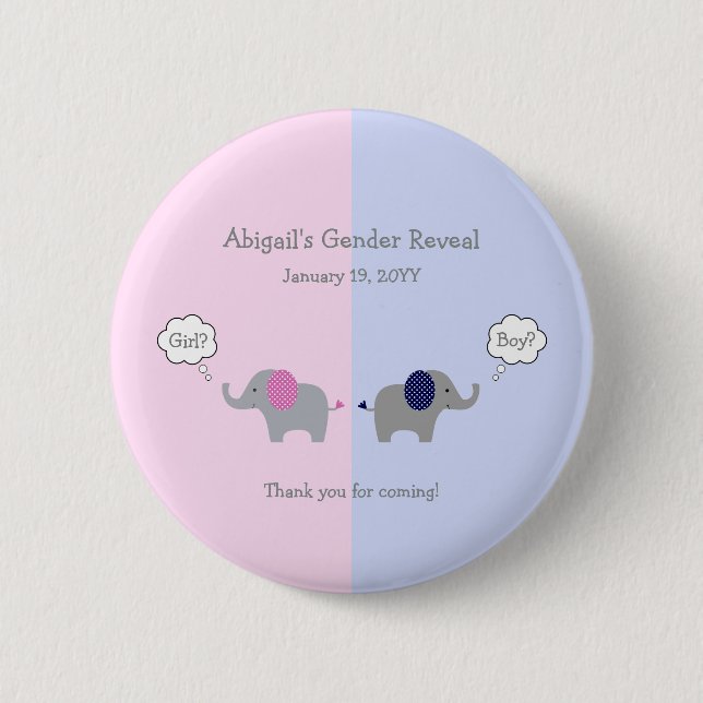 Pink and Blue Elephant Gender Reveal Baby Shower Button (Front)