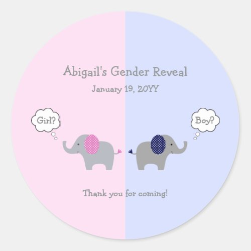 Pink and Blue Elephant Gender Reveal Baby Shower Classic Round Sticker