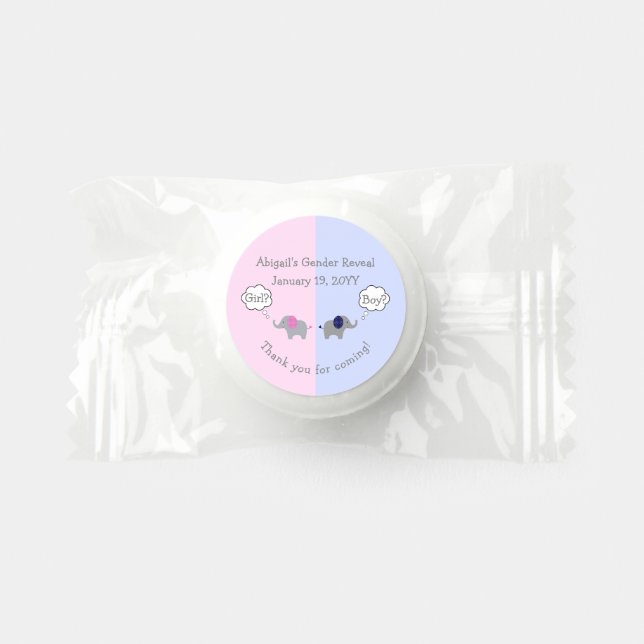 Pink and Blue Elephant Gender Reveal Baby Shower Life Saver® Mints (Front)