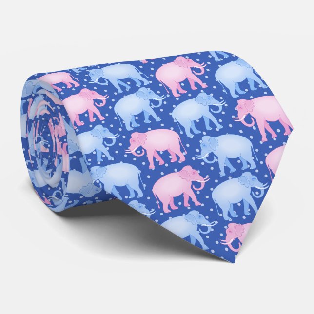 Pink and Blue Elephants Gender Reveal Party Neck Tie (Rolled)
