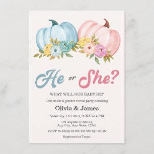 Pink and Blue Fall Pumpkin He or She Gender Reveal Invitation