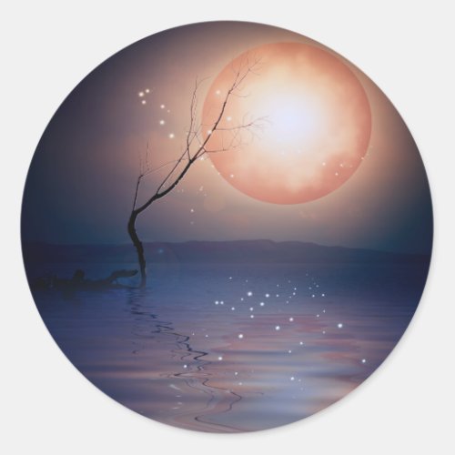 Pink and Blue Fantasy Sparkling Moon over water Classic Round Sticker