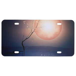 Pink and Blue Fantasy Sparkling Moon over water License Plate
