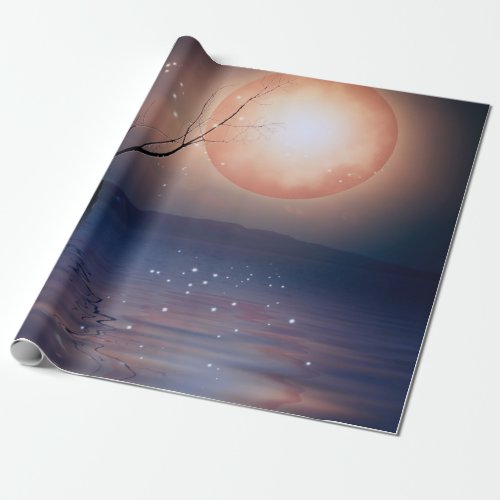 Pink and Blue Fantasy Sparkling Moon over water Wrapping Paper