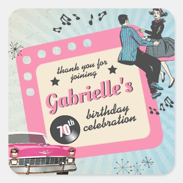 Pink and Blue Fifties Rockabilly Birthday Party Square Sticker (Front)
