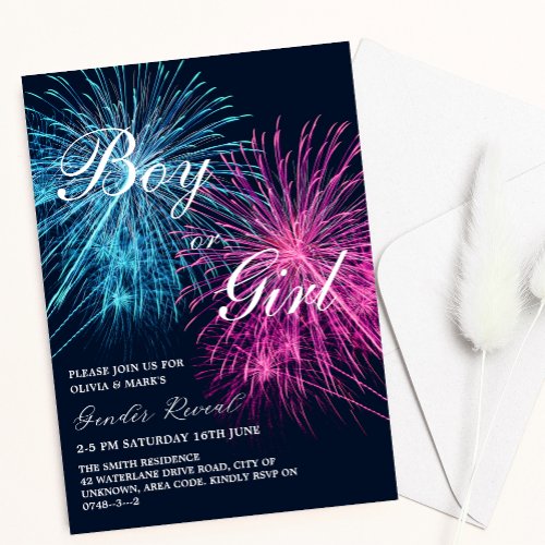 Pink and Blue Firework Firecracker Gender Reveal Invitation