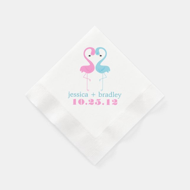 Pink and Blue Flamingos Beach Wedding Paper Napkins (Corner)