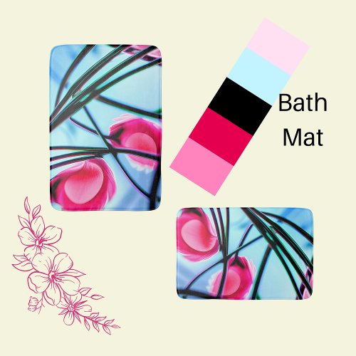 Pink and Blue Floral Abstract  Bath Mat