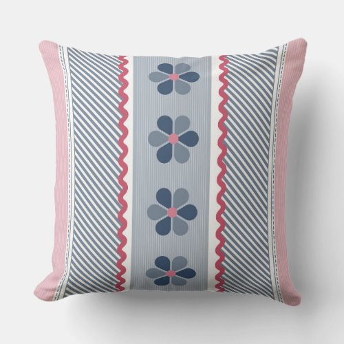 Pink and Blue Floral and Diagonal Stripes Throw Pillow