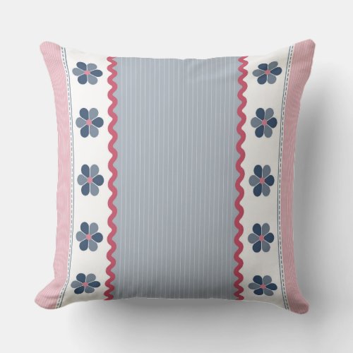 Pink and Blue Floral and Stripes Throw Pillow