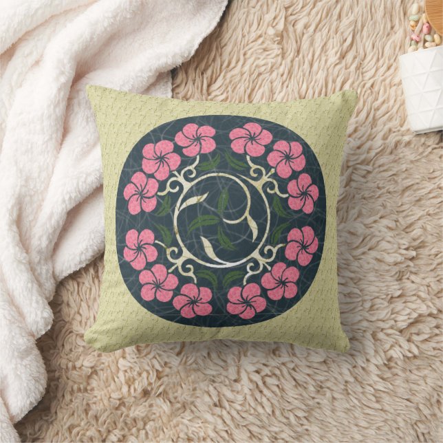 Pink And Blue Floral Art Design Throw Pillow (Blanket)