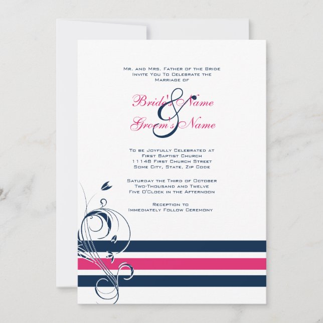 Pink and Blue Floral Bars Wedding Invitation (Front)