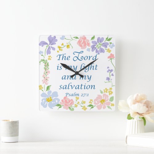 Pink and blue floral bible verse square wall clock
