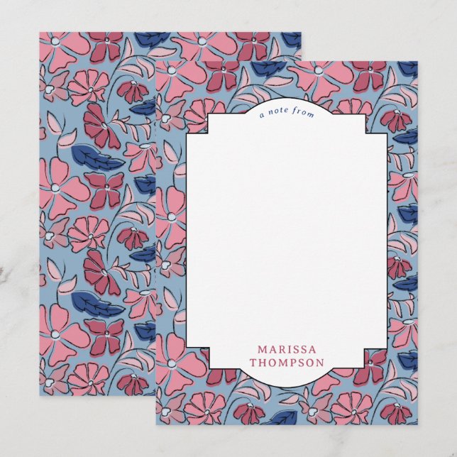 Pink and Blue Floral Block Print Boy Birthday Note Card (Front/Back)