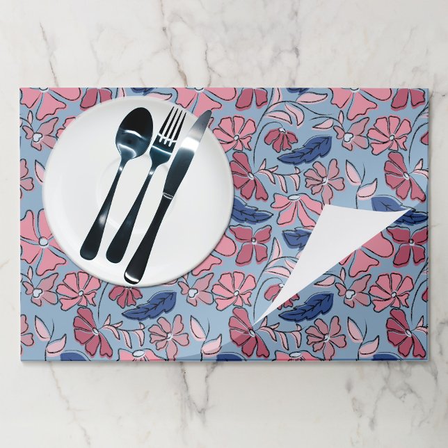 Pink and Blue Floral Block Print Paper Placemat (Pink and Blue Floral Block Print Paper Placemat)