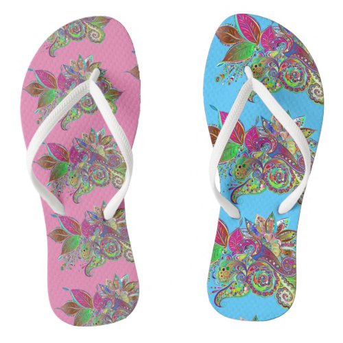 Pink and Blue Floral Butterfly  Flip Flops