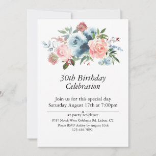 Pink and Blue Floral, Customizable 30th. Birthday Invitation