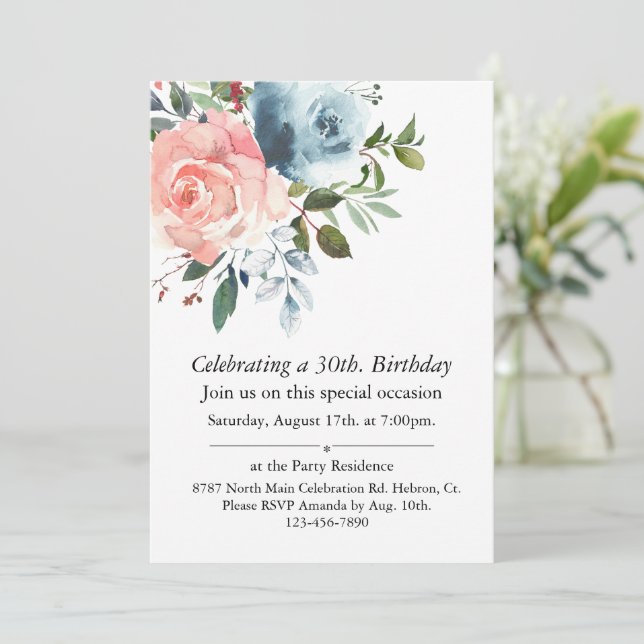 Pink and Blue Floral Customizable Birthday  Invitation (Standing Front)