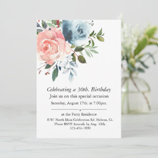 Pink and Blue Floral Customizable Birthday Invitation
