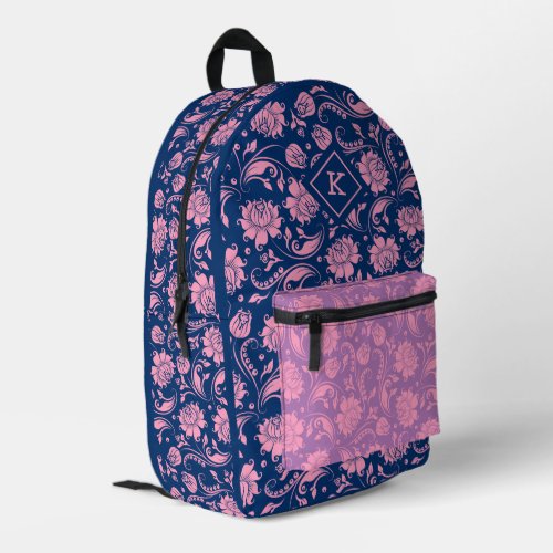 Pink and blue floral damask pattern monogram printed backpack