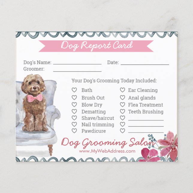 Pink and Blue Floral Dog Grooming Report Card  Flyer (Front)